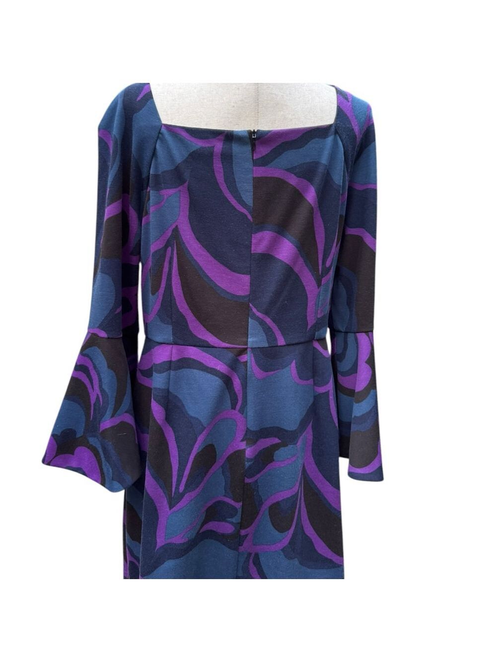 Trina Turk Size 14 Bell Sleeve Dress | Purple & Blue Swirl Geometric Mod Print - Picture 6 of 11